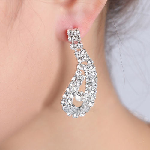 Women Luxury Elegant Rhinestone Teardrop Necklace + Earrings Bridal Jewelry Set