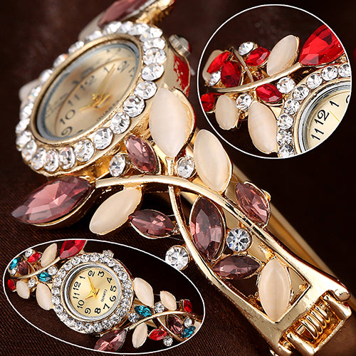 Women's Leaves Round Dial Rhinestone Inlaid Bracelet Quartz Dress Wrist Watch