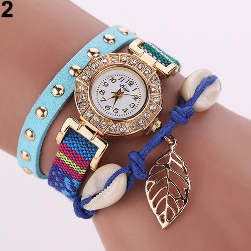 Women's Inlaid Rhinestone Leaf Shell Rivet Faux Leather Braided Band Wrist Watch