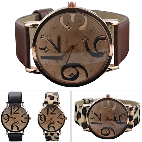 Women's Casual Flowers Big Numbers Dial Faux Leather Strap Quartz Wrist Watch