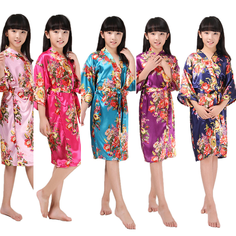 Floral Printed Kids Girls Sweet Kimono Dressing Gown Bath Robe Sleepwear Pajamas