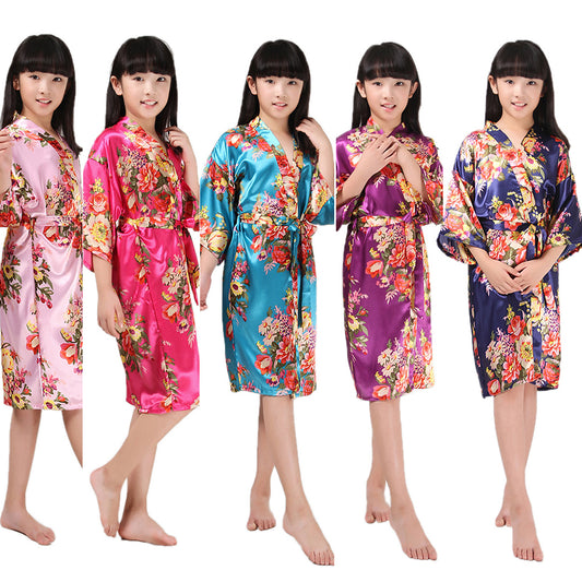 Floral Printed Kids Girls Sweet Kimono Dressing Gown Bath Robe Sleepwear Pajamas