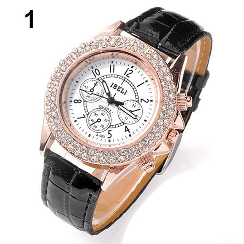 Women Shiny Rhinestone Decorated Bezel Analog Quartz Faux Leather Wrist Watch