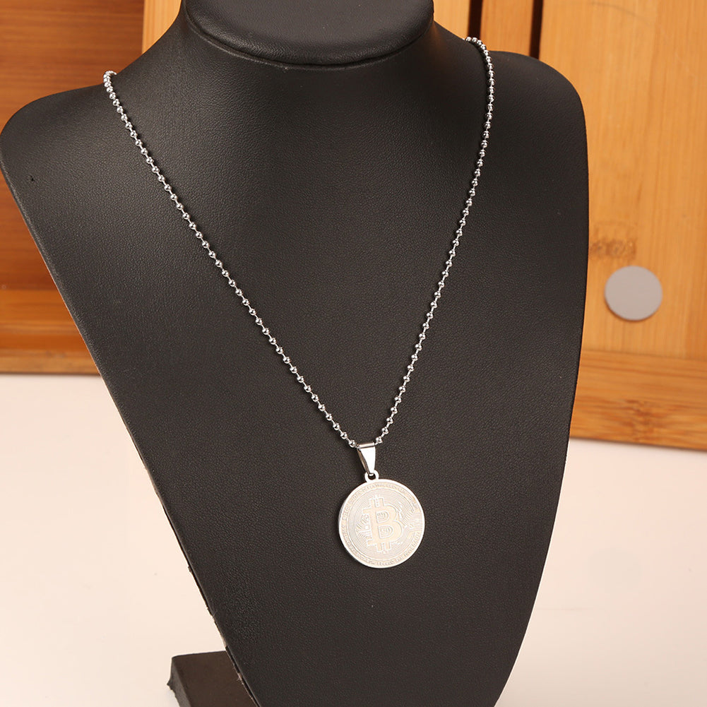 Stainless Steel Commemorative Bitcoin Pendant Bead Chain Unisex Necklace Jewelry