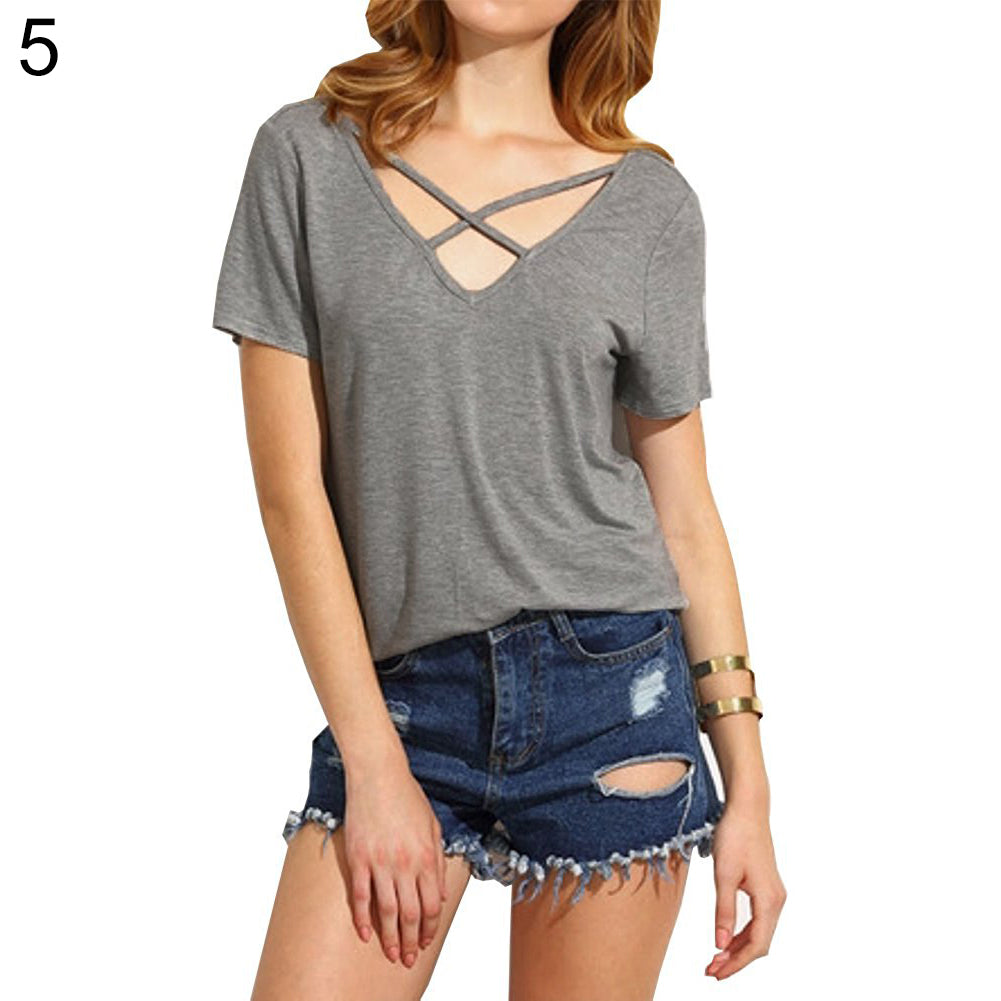 Fashion Women Deep V-neck Crossed Strap Short Sleeve T-shirt Casual Tee Shirt