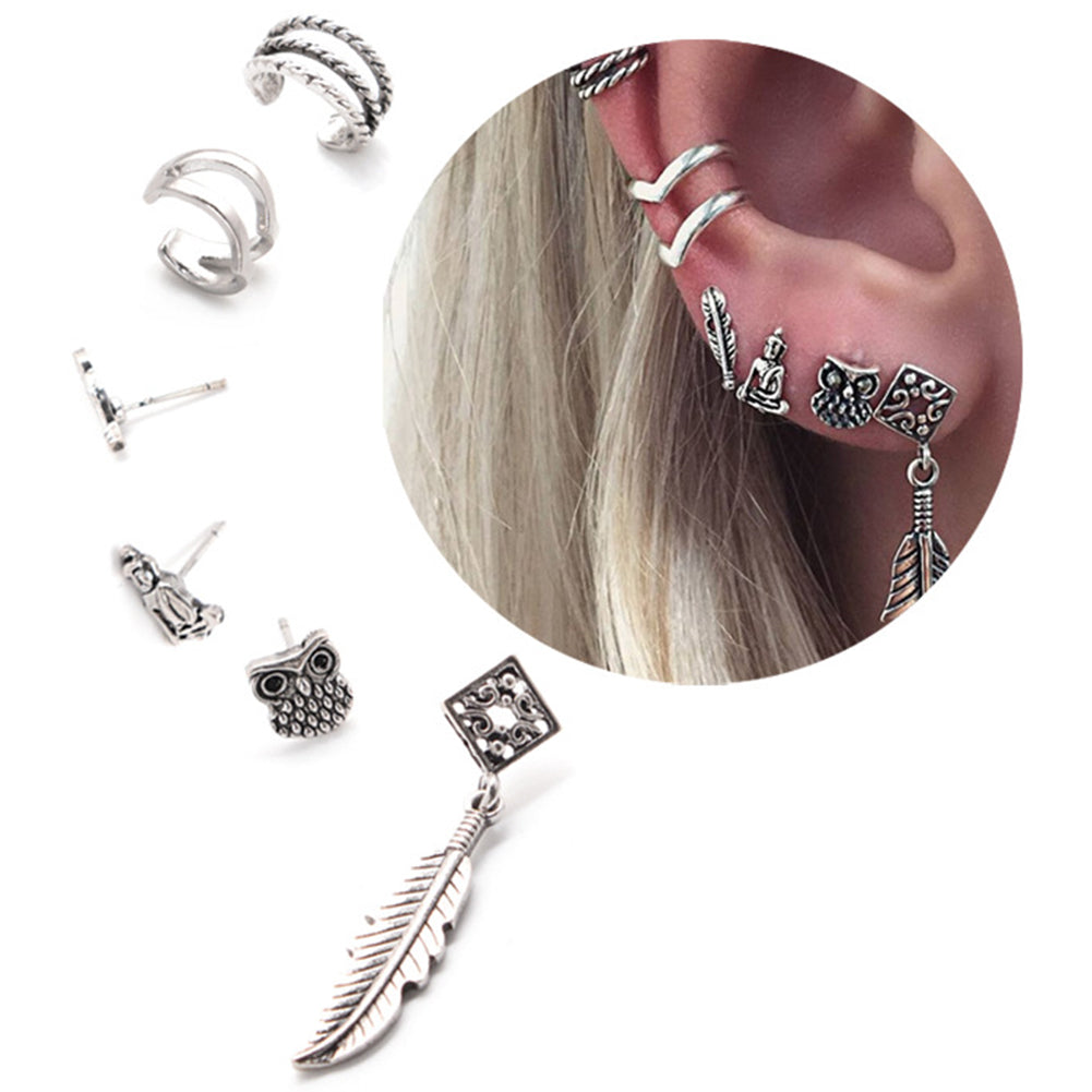 6 Pcs/Set Boho Owl Buddha Feather Hollow Ear Cuff Ear Stud Cartilage Earrings