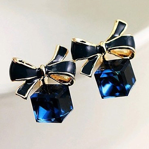 1 Pair Women's Fashion Cute Bowknot Cube Crystal Rhinestone Ear Studs Earrings