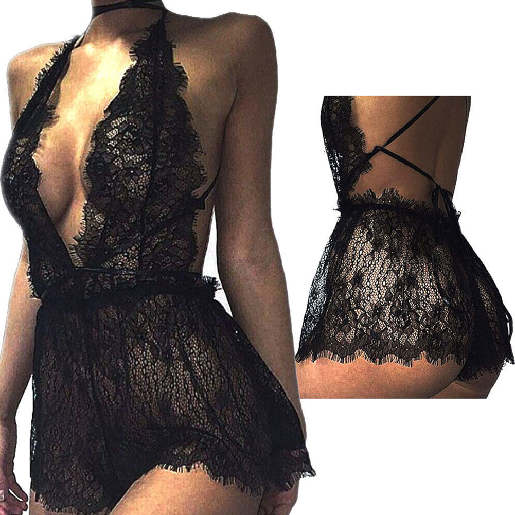 Women Sexy Deep V-Neck Halter See Through Lace Sleepwear + G-String Underwear