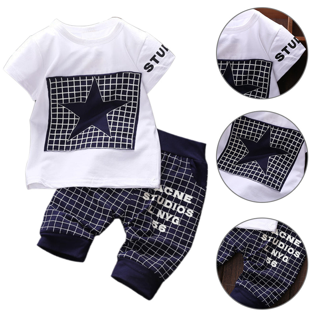 Baby Boy Clothes Set Summer Short Sleeve Star Plaid Print T-Shirt Pants Outfit