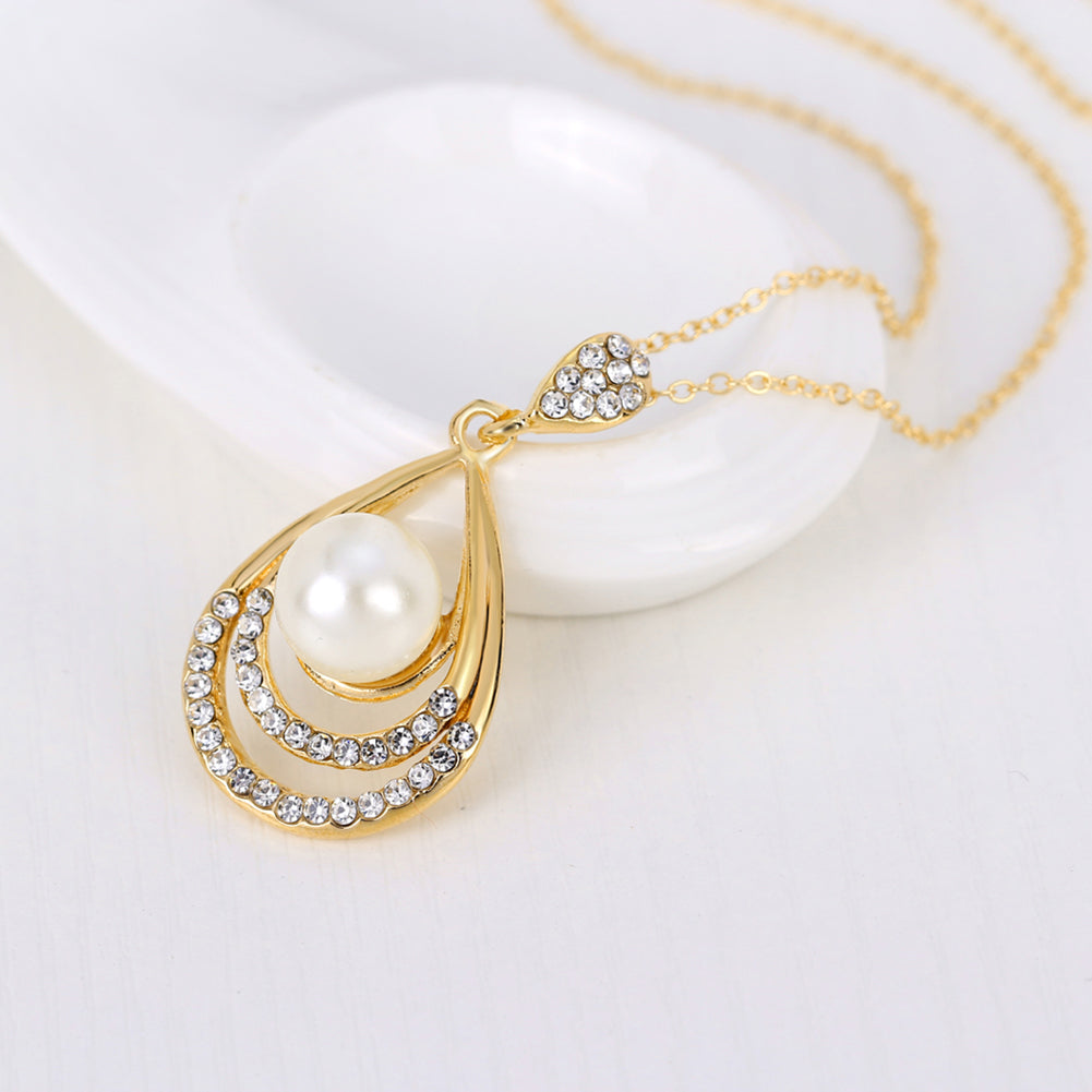 Fashion Faux Pearl Rhinestone Waterdrop Pendant Necklace Earrings Jewelry Set