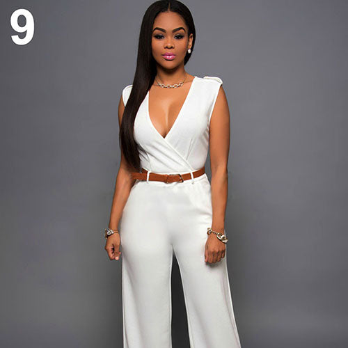 Women Sleeveless V-Neck High Waist Wide Leg Romper Pants Jumpsuit with Belt