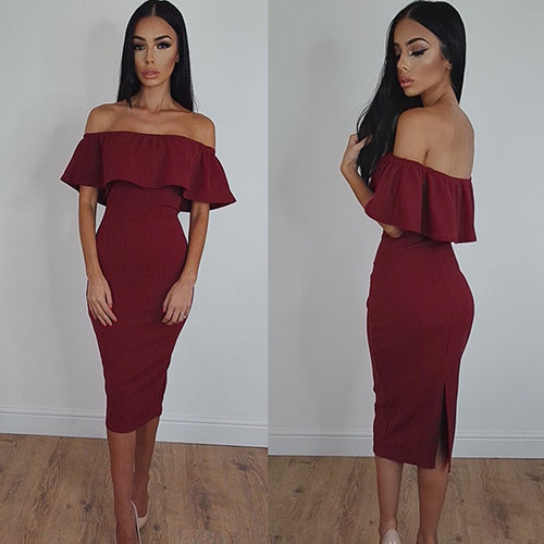 Women Off the Shoulder Ruffled Collar Bodycon Package Hip Party Club Sexy Dress