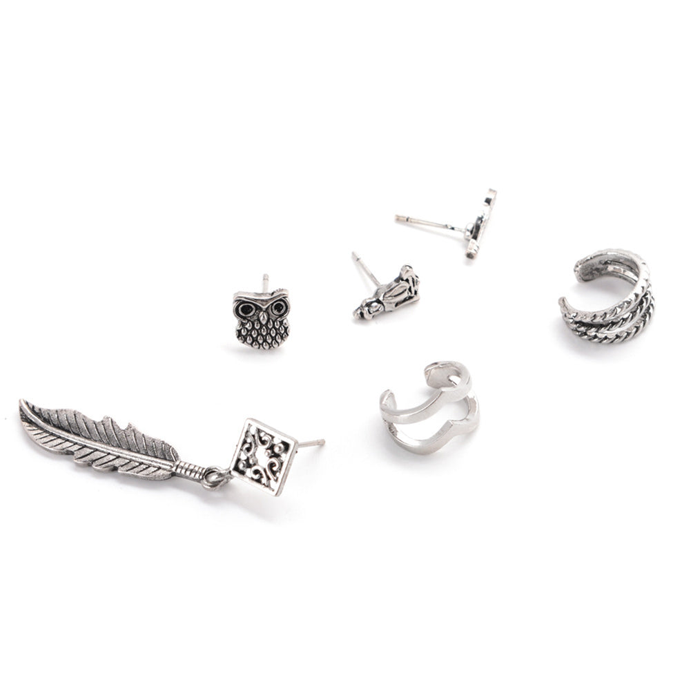 6 Pcs/Set Boho Owl Buddha Feather Hollow Ear Cuff Ear Stud Cartilage Earrings