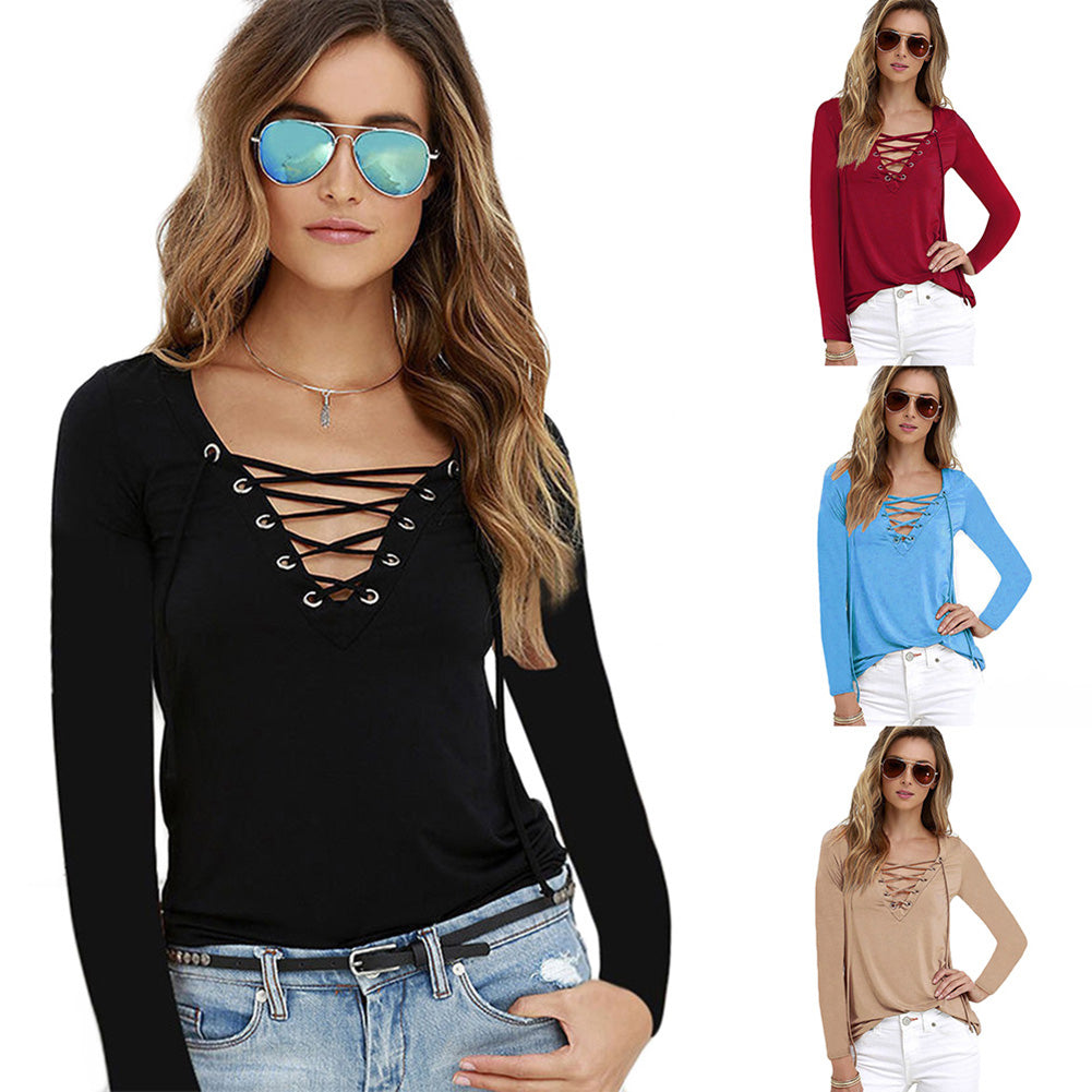 Women Sexy Plain Deep V Neck Cross Eyelet Lace Up Long Sleeve Blouse Top Shirt