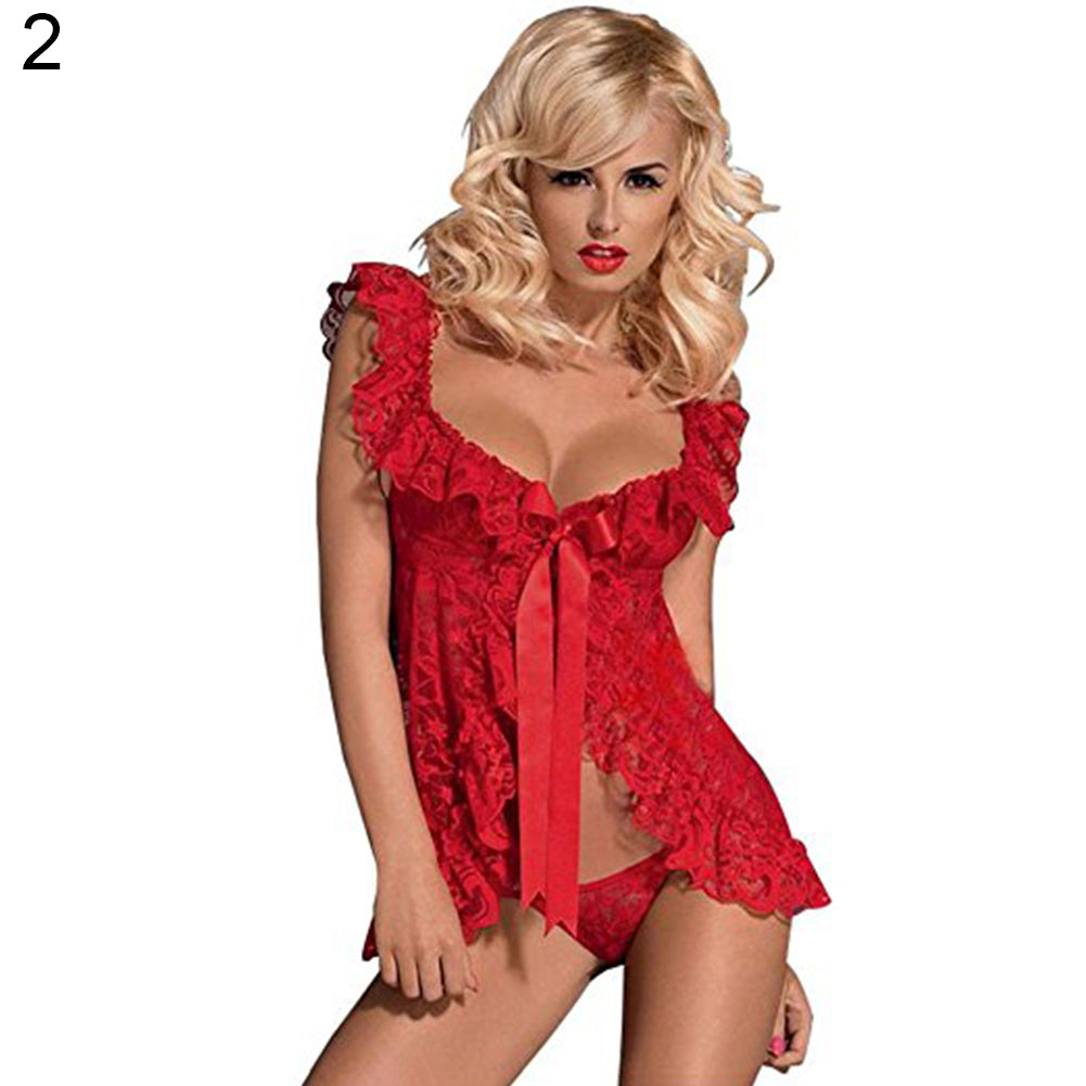 Women's Sexy Lace Ruffle Temptation Dress + Thong G-String Babydoll Sleepwear