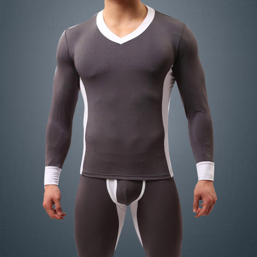 Winter Men Ultra Soft Color Block Thermal Underwear Set Top T-Shirt + Long Pants