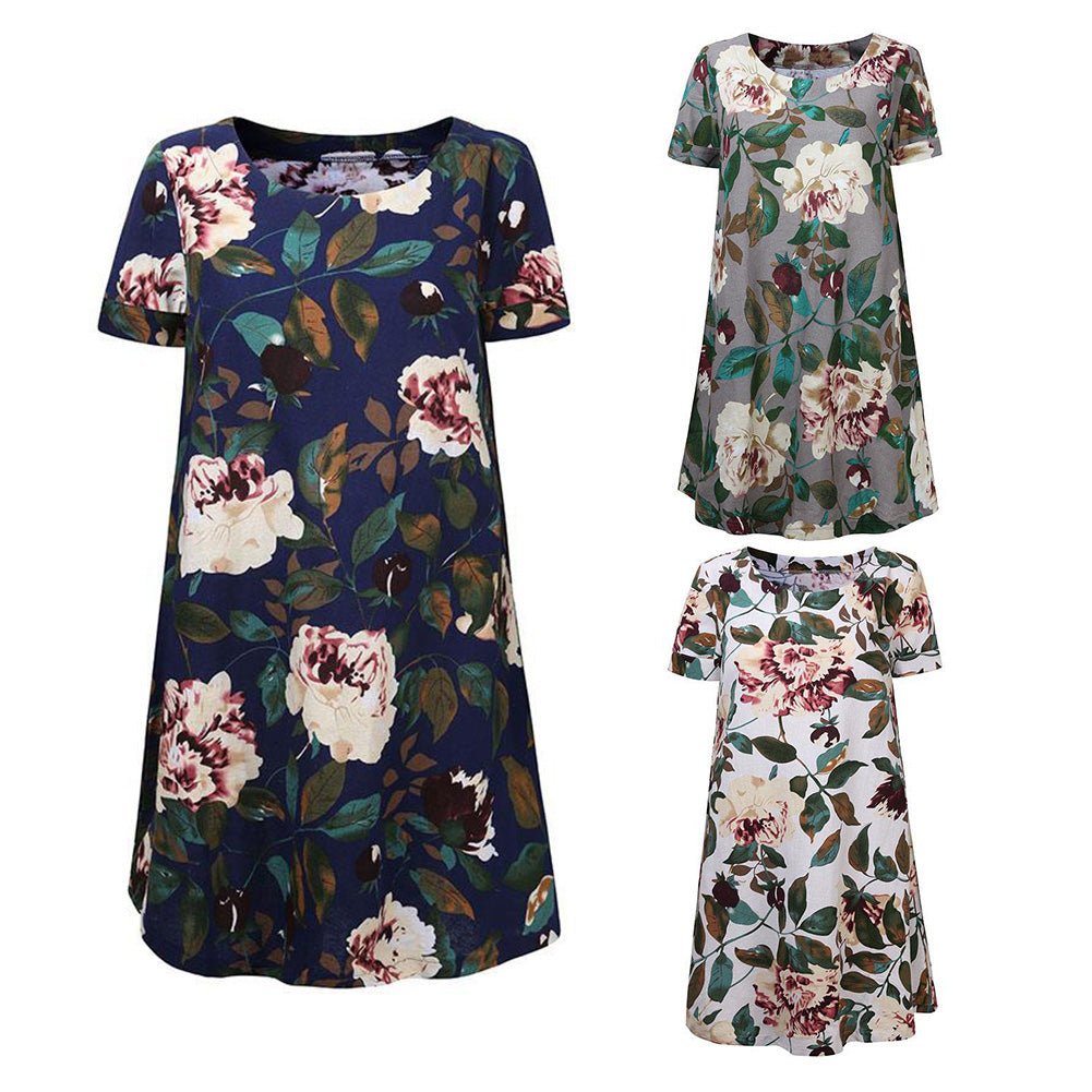 Summer Women Floral Print Short Sleeve Long Shirt Plus Size Loose Mini Dress