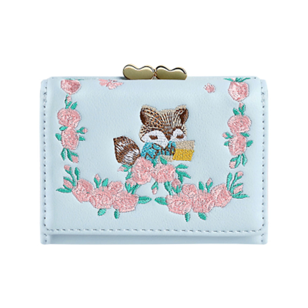 Lovely Faux Leather Little Fox Floral Embroidery Short Wallet Women Purse Gift