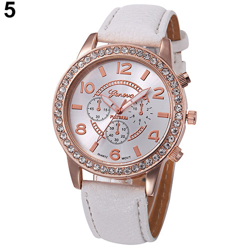 Fashion Women Geneva Rhinestone Big Dial Faux Leather Analog Wrist Watch Gifts