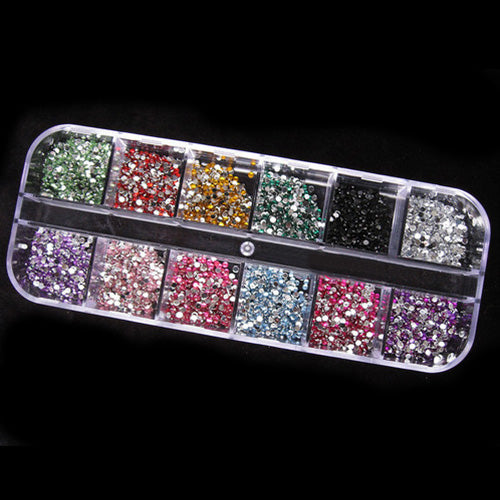 1200x Bling 2mm Mixed Color Nail Art Tips Acrylic Manicure Nail Stickers + Case