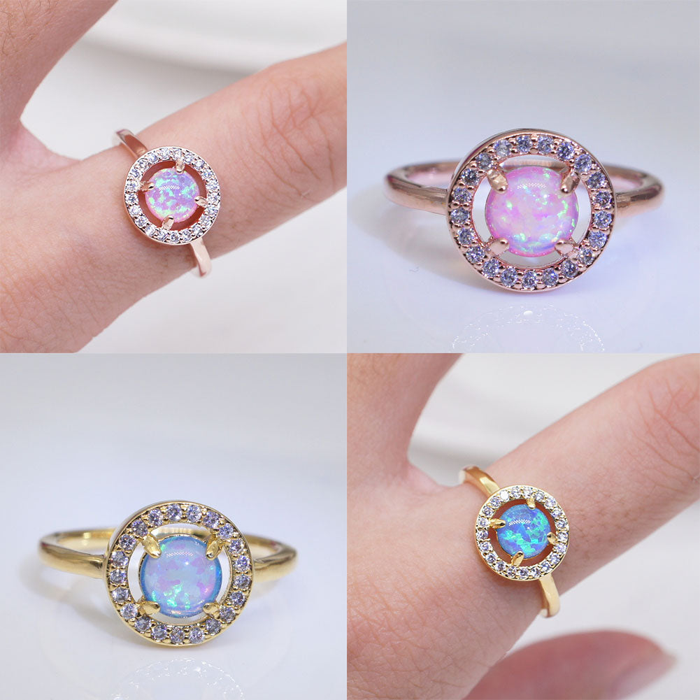 Faux Opal Round Rhinestone Hollow Jewelry Chic Women Wedding Engagement Ring