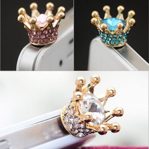 Fashion Sparkling Rhinestone Cellphone Phones 3.5mm Crown Design Anti-dust Plug