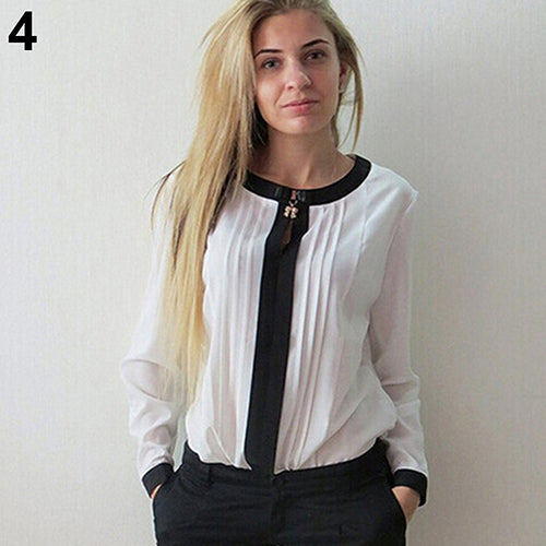 Women's Casual Fashion Patchwork Long Sleeve Pleated Chiffon Shirt Blouse Top