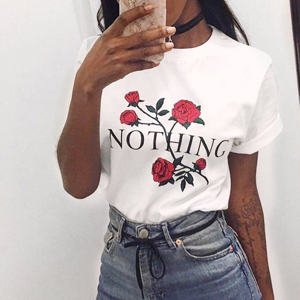 Nothing Letter Print Rose Flower Short Sleeve T-shirt Summer Women's Tee Top