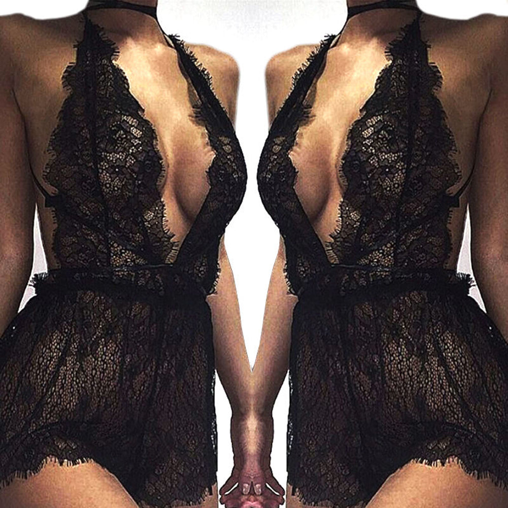 Women Sexy Deep V-Neck Halter See Through Lace Sleepwear + G-String Underwear