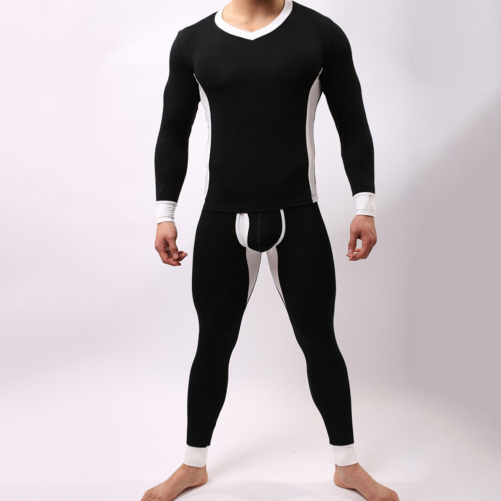 Winter Men Ultra Soft Color Block Thermal Underwear Set Top T-Shirt + Long Pants