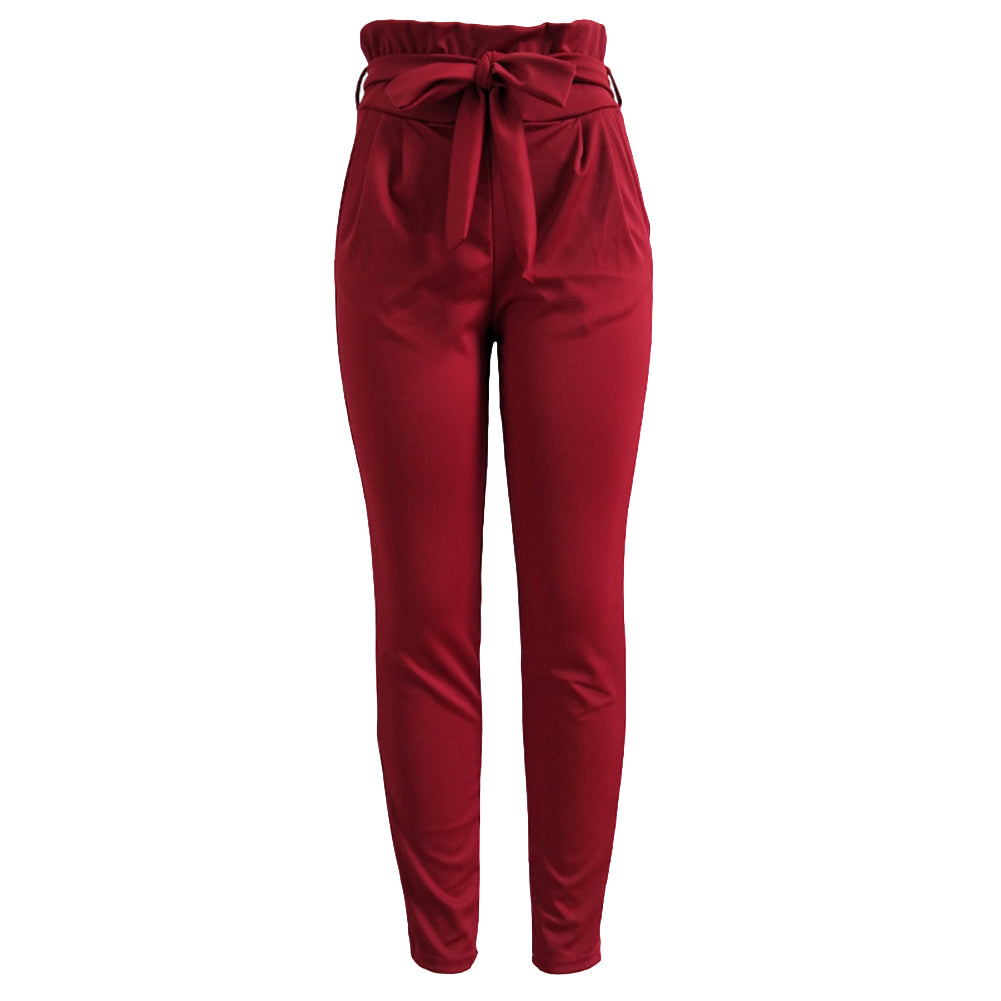 Women Casual Solid Color Trousers Waist Belt Ruffled Waist Long Pencil Pants