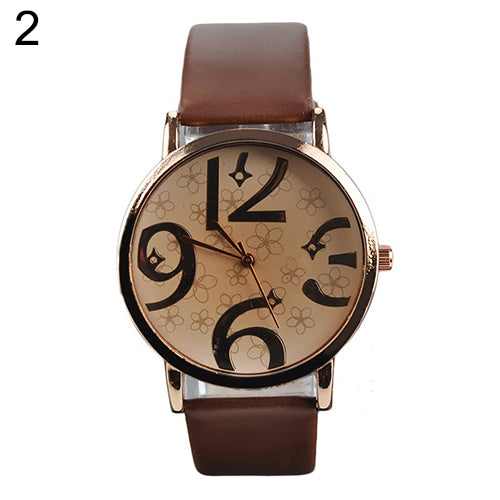 Women's Casual Flowers Big Numbers Dial Faux Leather Strap Quartz Wrist Watch