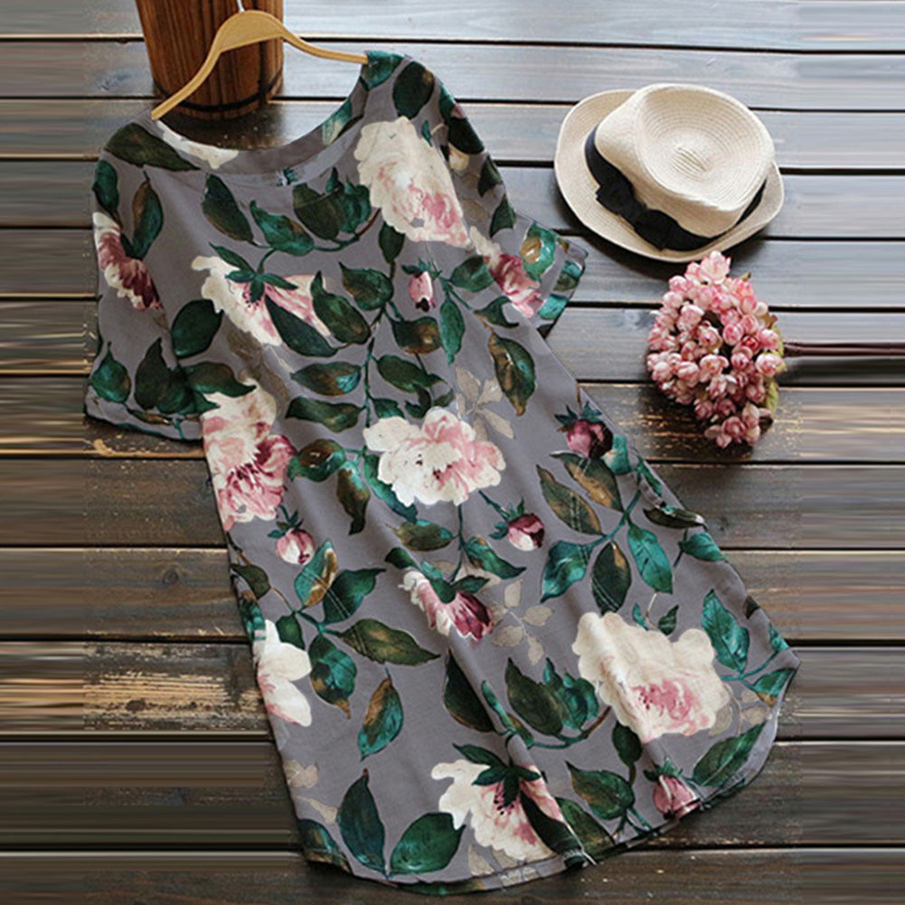 Summer Women Floral Print Short Sleeve Long Shirt Plus Size Loose Mini Dress