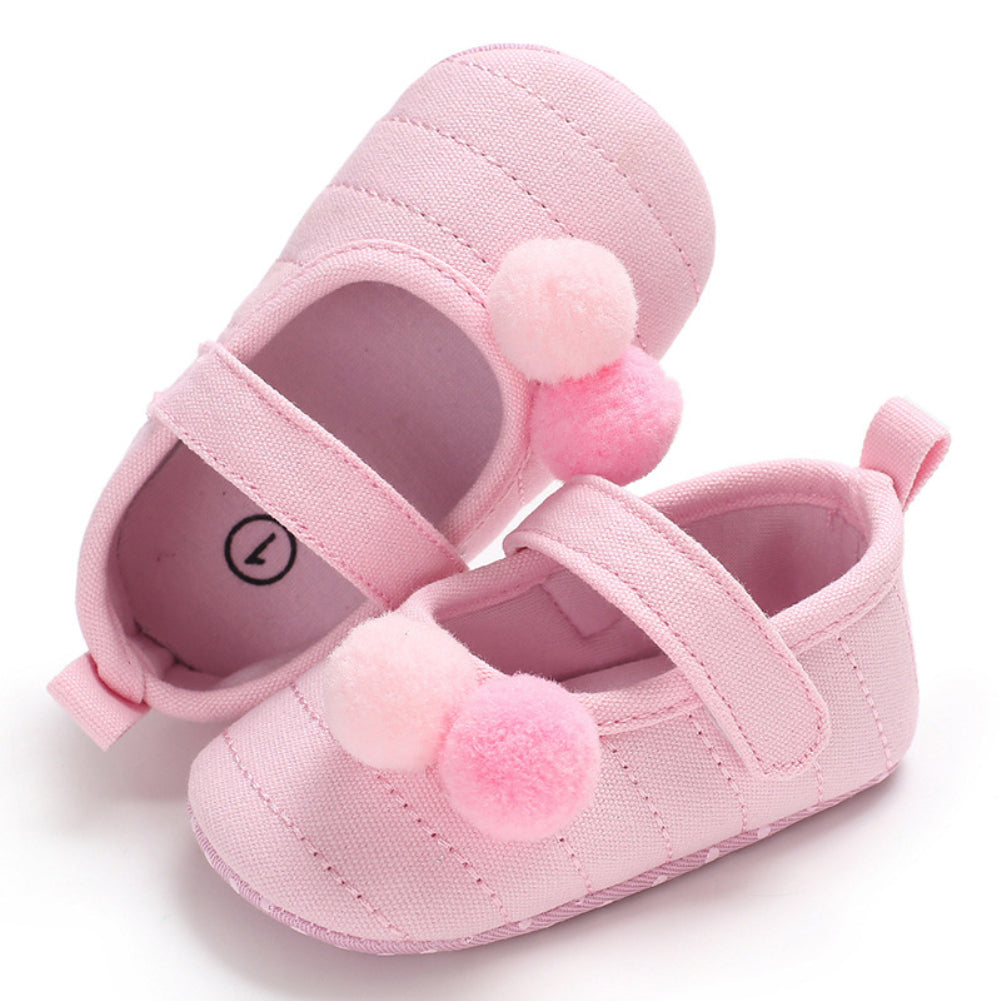 Cute Pompom Solid Color Toddler Baby Girl Prewalker Anti-slip Princess Shoes