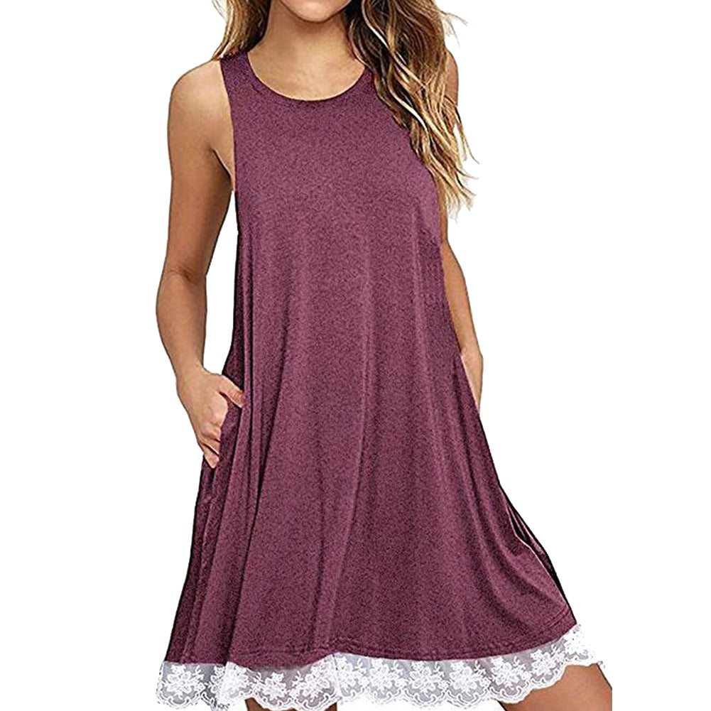 Women's Sleeveless Casual Loose Lace Stitching Trim Summer Fashion Dress Gift