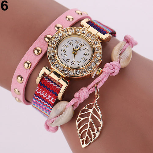 Women's Inlaid Rhinestone Leaf Shell Rivet Faux Leather Braided Band Wrist Watch