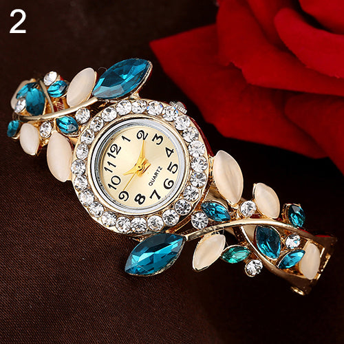 Women's Leaves Round Dial Rhinestone Inlaid Bracelet Quartz Dress Wrist Watch