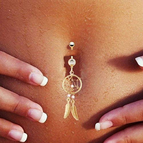Gold-tone Dream Catcher Feather Rhinestone Beads Belly Button Navel Ring Barbell