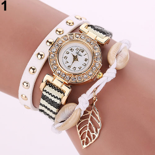 Women's Inlaid Rhinestone Leaf Shell Rivet Faux Leather Braided Band Wrist Watch