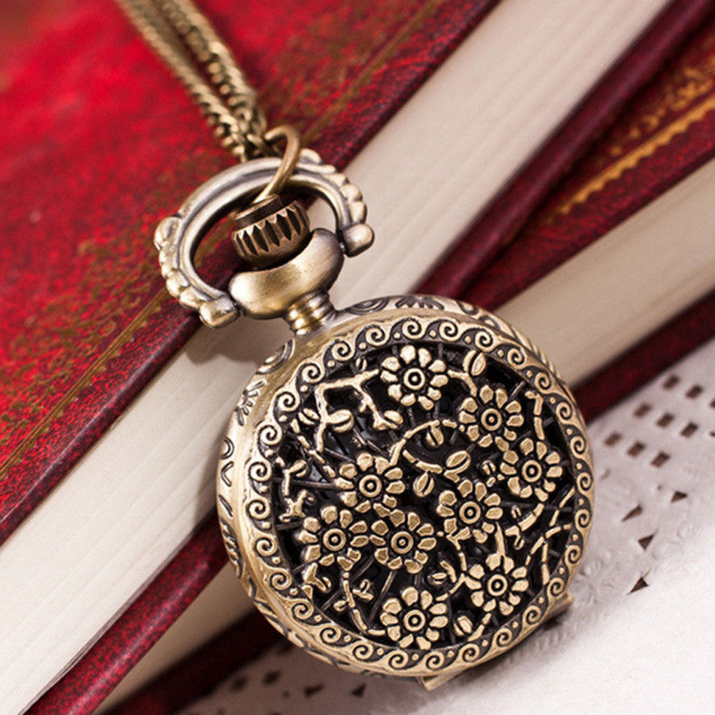 Unisex Vintage Hollow Crown Bronze Quartz Pocket Dress Watch Pendant Necklace