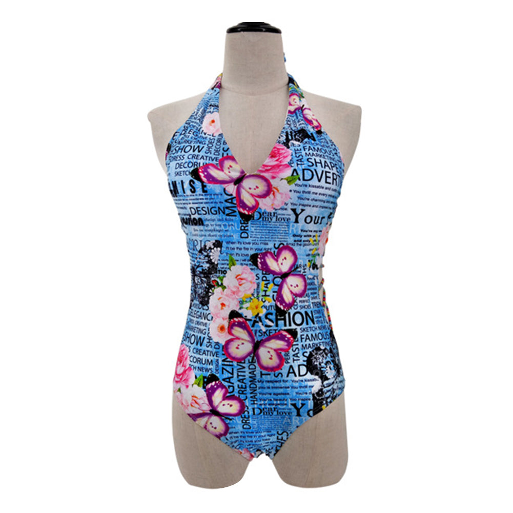 Butterfly Letter Print Swimsuit Halter Bandage Backless Swimwear Women Monokini