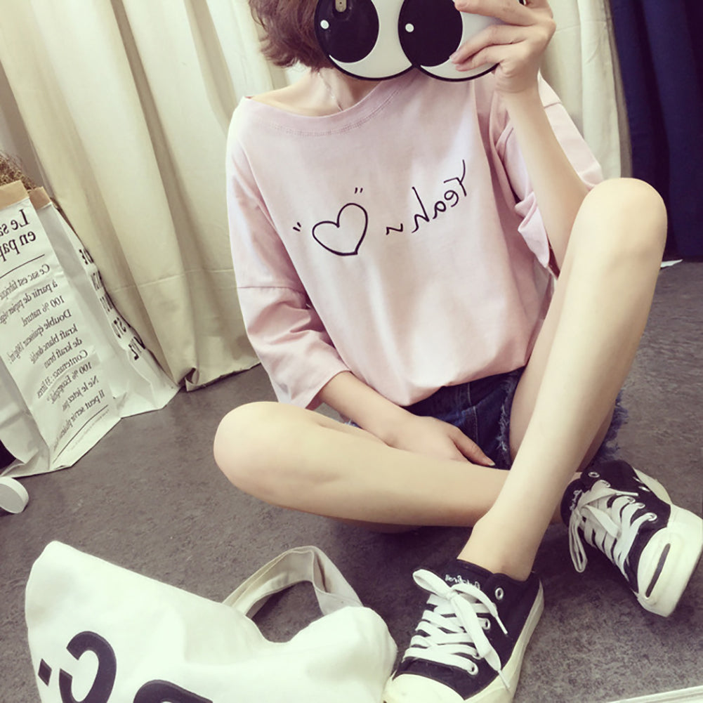 Letter Love Heart Print Women Round Neck Short Sleeve Top Tee Summer T-Shirt