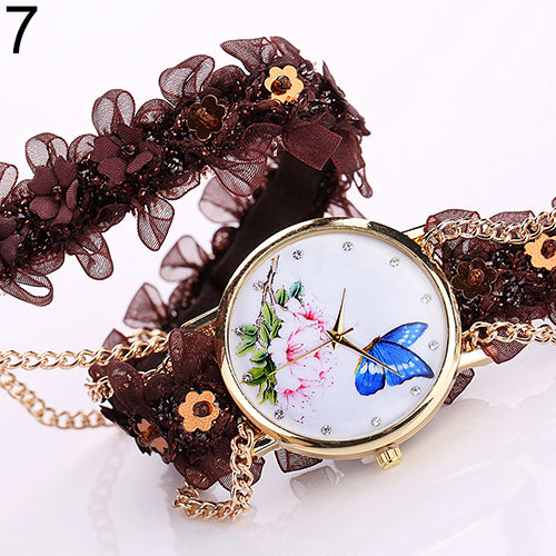 Lady Analog Golden Tone Case Flowers Butterfly Rhinestone Lace Alloy Chain Watch