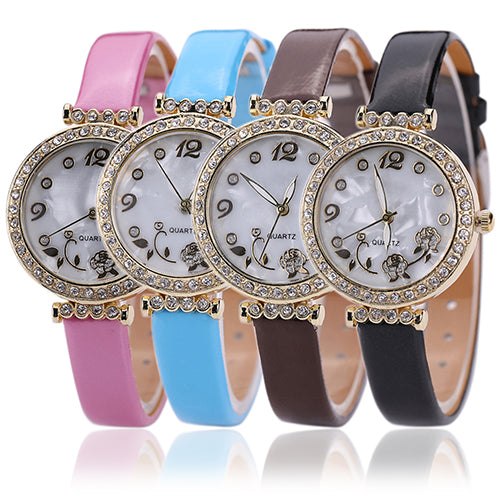 Women's Flower Rhinestone Watch Fine Faux Leather Strap Quartz Gift Wristwatch