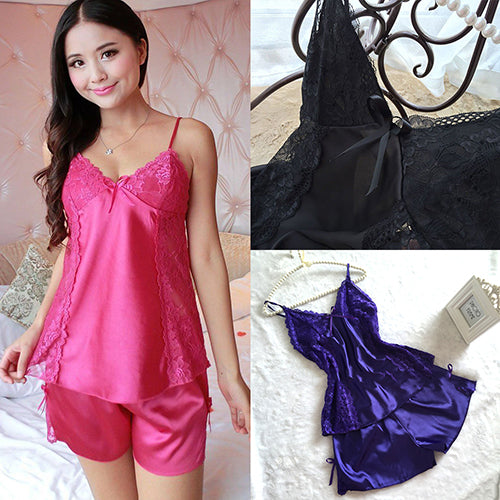 Women Sexy Spaghetti Strap V-neck Lace Top + Short Sleepwear Set Nighewear