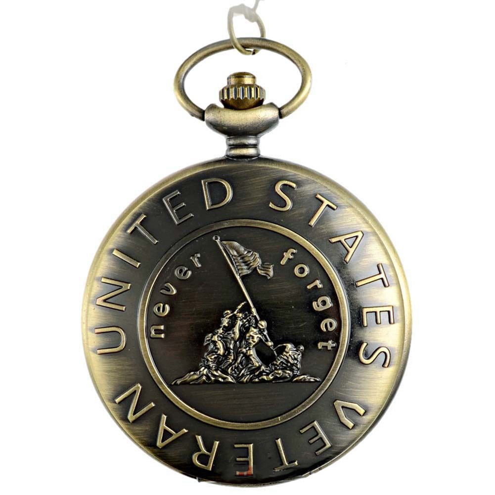 Vintage US Veteran Army Bronze Pocket Watch Quartz Necklace Pendant Antique Gift