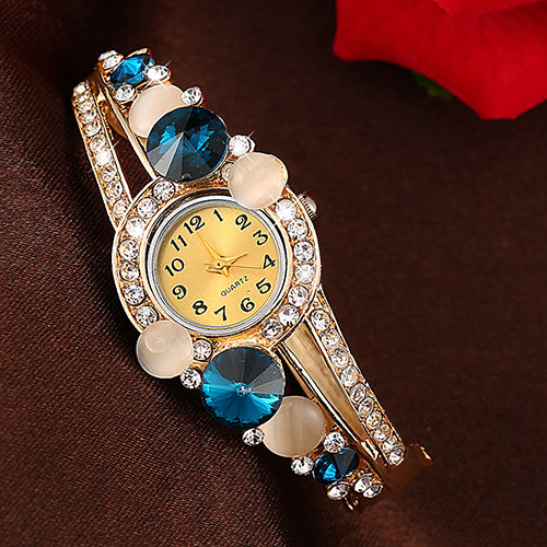 Women Retro Hollow Faux Opal Rhinestone Inlaid Cuff Bangle Wrist Watch