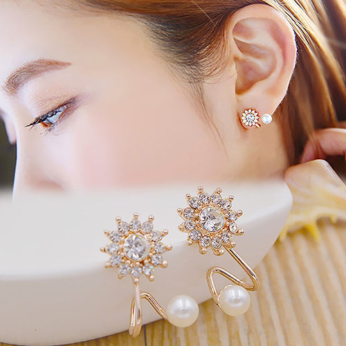 Women Sweet Rhinestone Faux Pearl Snowflake Ear Stud Earrings Jewelry Charm