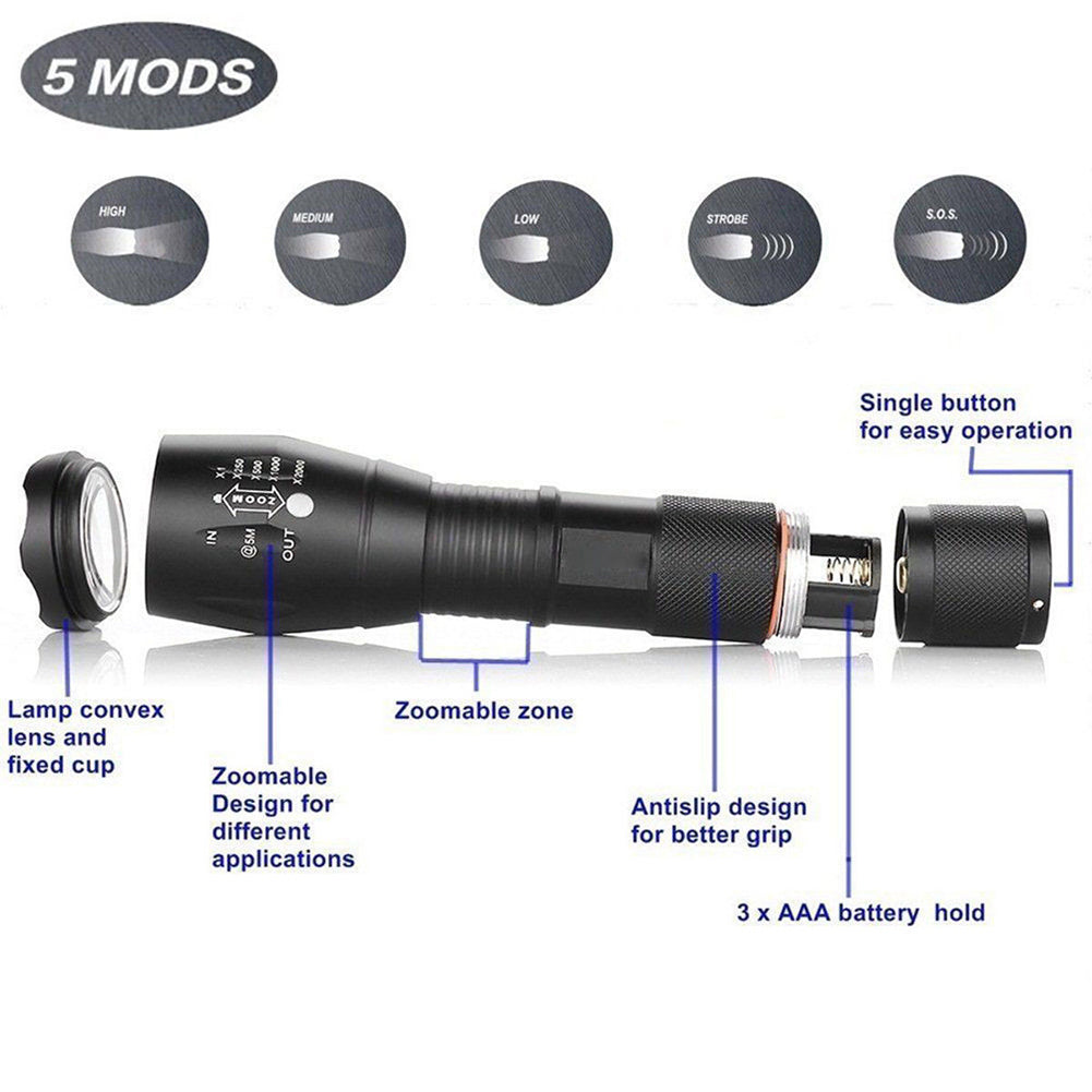 2Pcs 15000Lm Bright Outdoor Tactical T6 Zoomable Aluminum Alloy Flashlight Torch