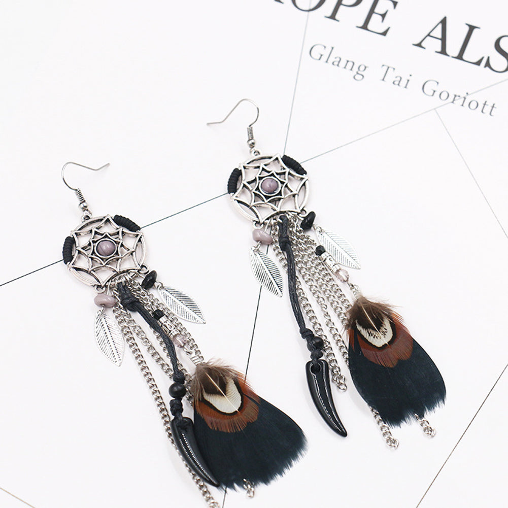 Retro Hollowed Star Feather Leaves Tassels Hook Earrings Women Ear Charm Decor